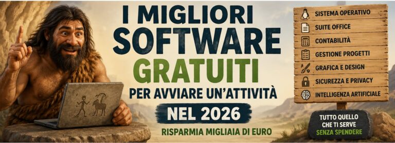 Uomo della preistoria che usa software gratuiti per avviare una nuova attività