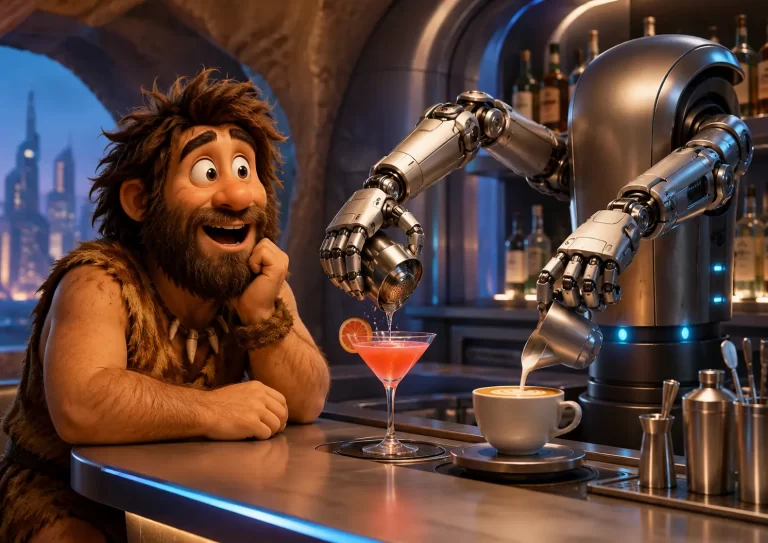 Cavernicolo sorpreso mentre un barista robot prepara un cocktail e un cappuccino