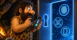 Uomo preistorico usa uno smartphone con passkey davanti a una porta digitale Didascalia: Le passkey permettono di accedere usando il dispositivo senza digitare la password.