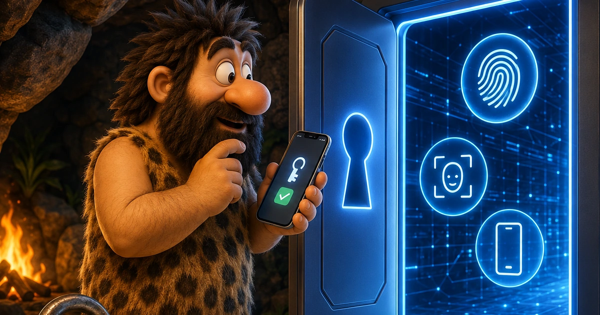 Uomo preistorico usa uno smartphone con passkey davanti a una porta digitale Didascalia: Le passkey permettono di accedere usando il dispositivo senza digitare la password.
