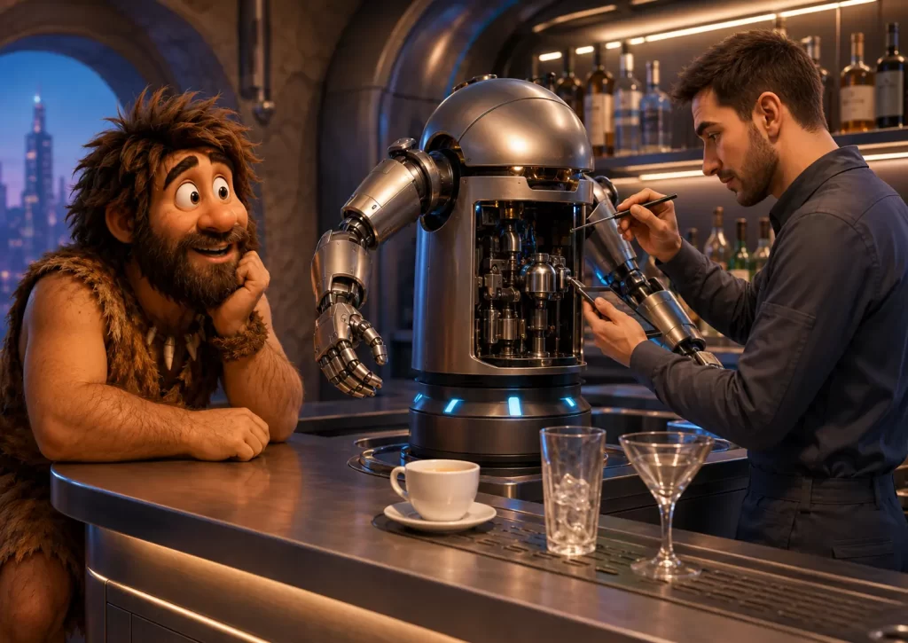 Tecnico interviene su un barista robot mentre un cavernicolo osserva la postazione