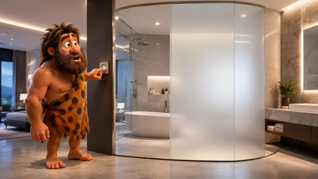 Bagno moderno con vetro intelligente che passa da trasparente a opaco per garantire privacy