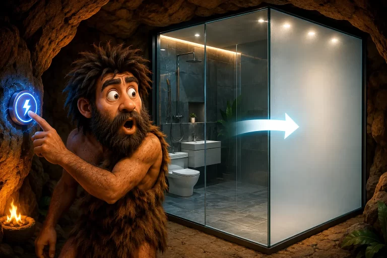 Cavernicolo stupito preme un pulsante e una parete di vetro intelligente del bagno diventa opaca