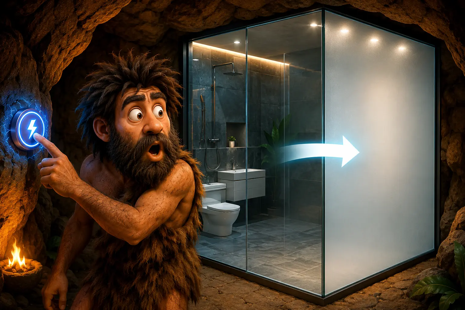 Cavernicolo stupito preme un pulsante e una parete di vetro intelligente del bagno diventa opaca
