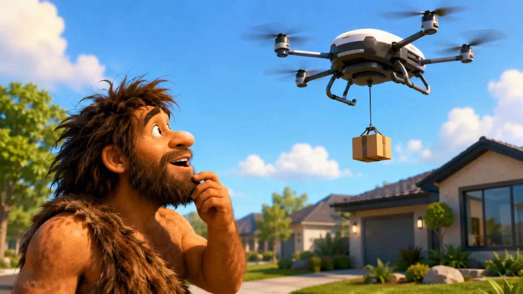 Grande drone ibrido che rilascia un piccolo pacco sopra un giardino