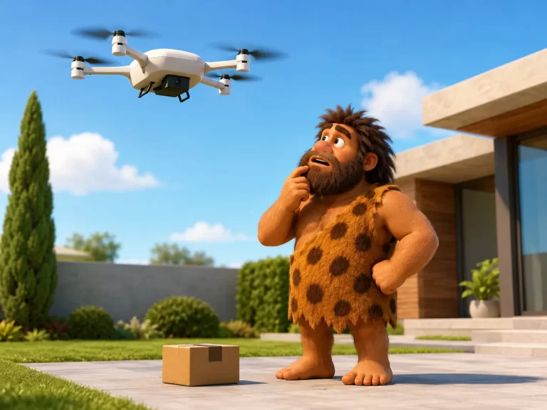 Drone da consegna autonomo in volo sopra un quartiere residenziale