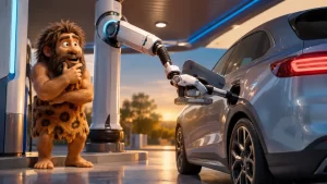 Cavernicolo osserva un braccio robotico mentre effettua automaticamente il rifornimento di un'auto