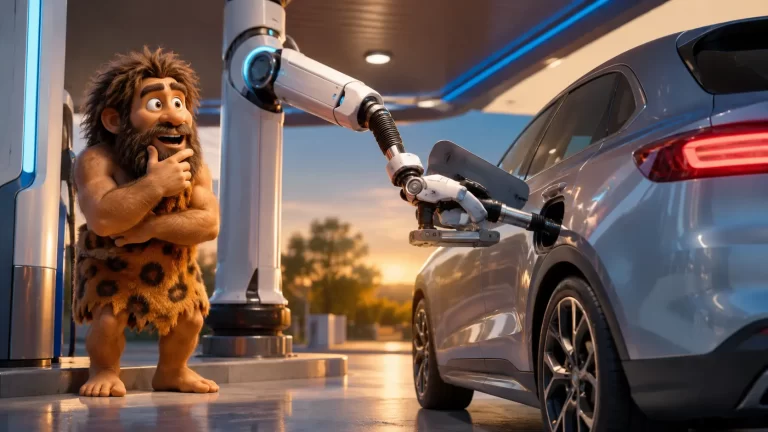 Cavernicolo osserva un braccio robotico mentre effettua automaticamente il rifornimento di un'auto