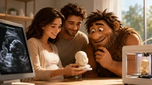 Futura mamma osserva un modello 3D del bambino accanto all’ecografia mentre un cavernicolo guarda incuriosito