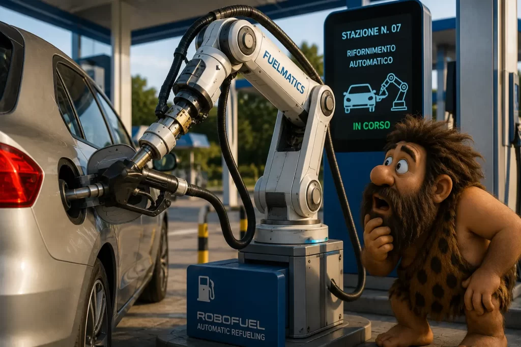 Cavernicolo seduto in auto mentre un braccio robotico inserisce automaticamente l'ugello nel serbatoio