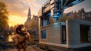 Cavernicolo osserva una grande stampante 3D mentre costruisce un edificio vicino ai canali di Amsterdam