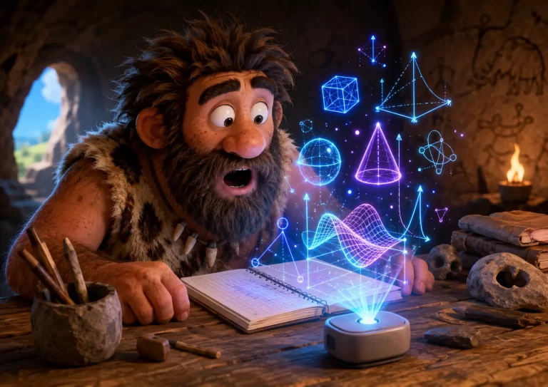 Un simpatico uomo della preistoria osserva un problema matematico trasformarsi in grafici e formule tramite realtà aumentata