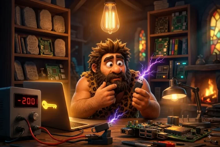 Cavernicolo di InnovativaMENTE alla scrivania osserva sorpreso una chiavetta USB Killer che emette scariche elettriche vicino a un laptop.
