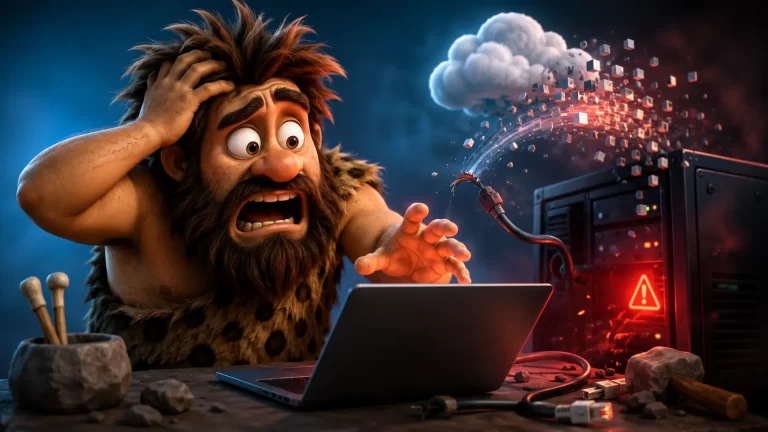 Cavernicolo preoccupato davanti a un computer mentre un server perde dati durante una migrazione hosting.