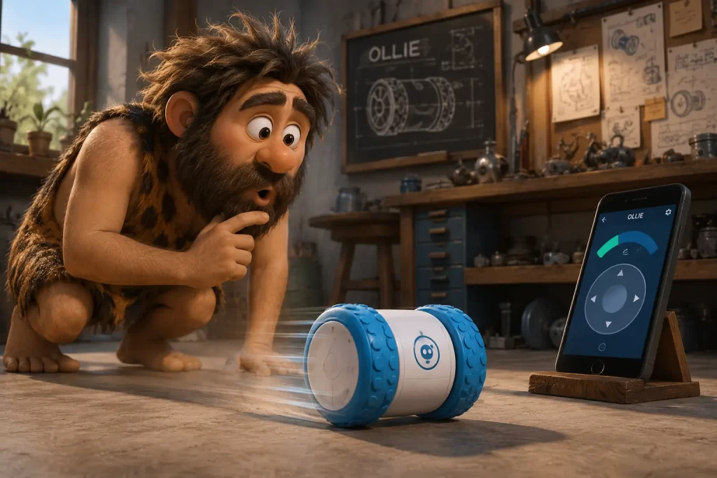 Cavernicolo osserva Ollie, il piccolo robot a due ruote controllato tramite smartphone.