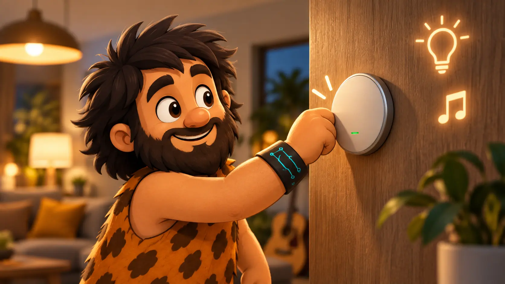 Cavernicolo InnovativaMENTE tocca un dispositivo smart montato su una superficie per controllare luci e musica in casa