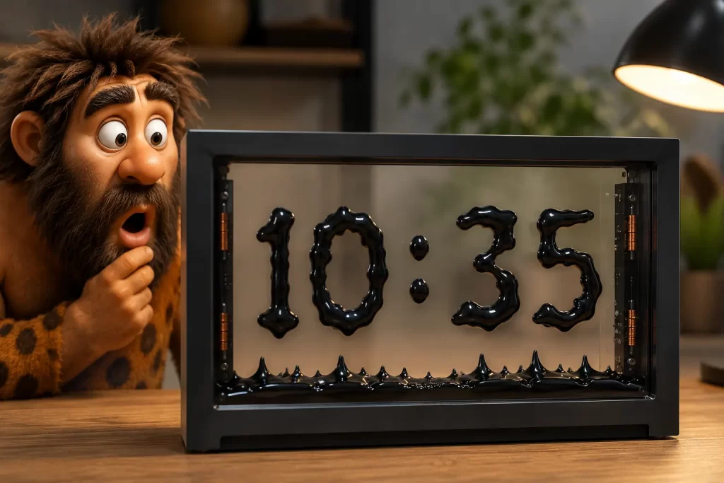 Cavernicolo osserva stupito un display in cui il ferrofluido nero forma le cifre dell’orologio.