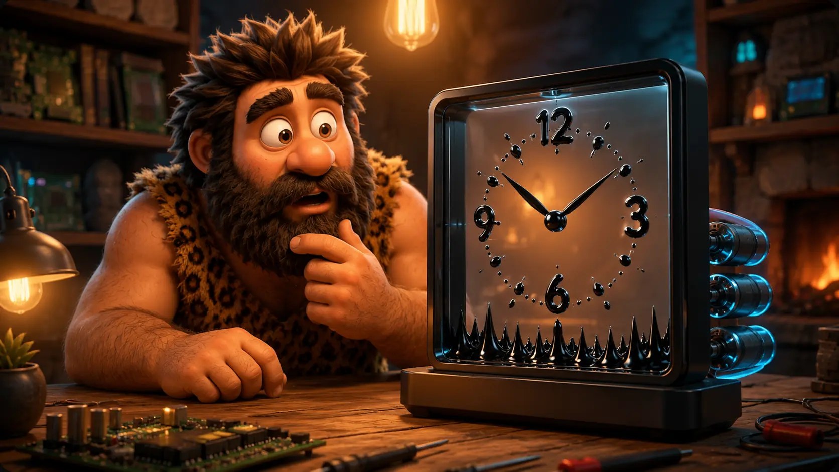 Cavernicolo osserva sorpreso un orologio in cui il ferrofluido nero forma numeri e sagome magnetiche.