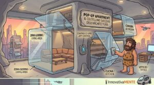 Uomo primitivo in stile cartoon attiva un sistema domotico camaleontico dentro una caverna moderna con moduli pop-up trasparenti per soggiorno, cucina e camera da letto