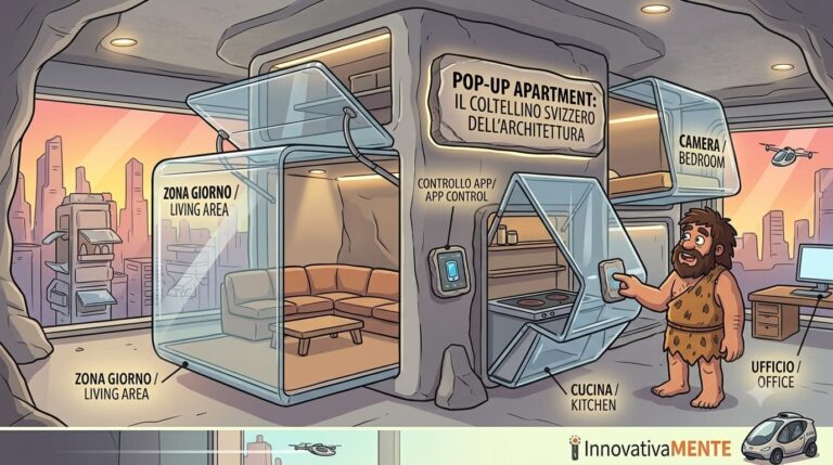 Uomo primitivo in stile cartoon attiva un sistema domotico camaleontico dentro una caverna moderna con moduli pop-up trasparenti per soggiorno, cucina e camera da letto