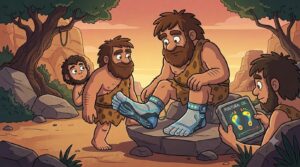 Uomini primitivi in stile cartoon provano delle calze sensoriali intelligenti con dita separate e sensori biometrici collegati a un tablet preistorico in pietra