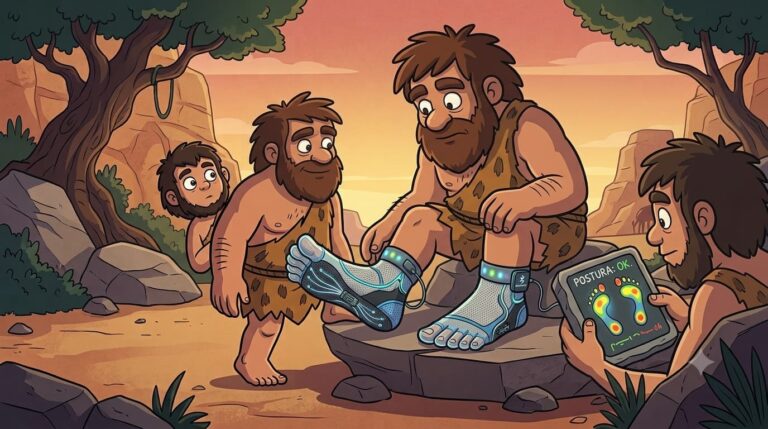 Uomini primitivi in stile cartoon provano delle calze sensoriali intelligenti con dita separate e sensori biometrici collegati a un tablet preistorico in pietra