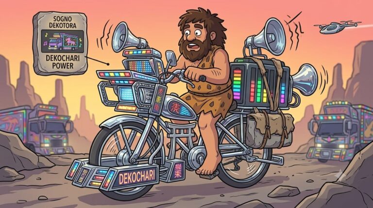 Uomo primitivo in stile cartoon guida una bicicletta Dekochari super accessoriata con luci LED colorate, grandi altoparlanti e cromature in un deserto roccioso al tramonto