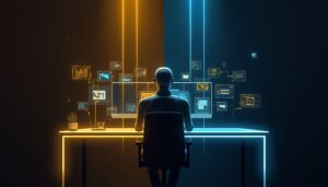 Agente AI autonomo al lavoro su scrivania digitale olografica