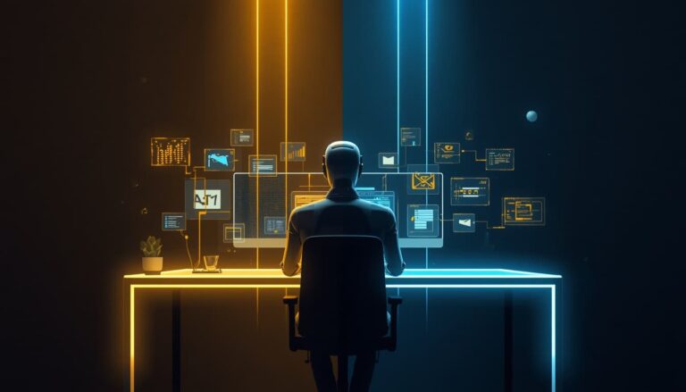 Agente AI autonomo al lavoro su scrivania digitale olografica