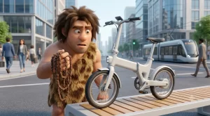 Uomo della preistoria osserva una bici elettrica pieghevole senza catena in una città moderna