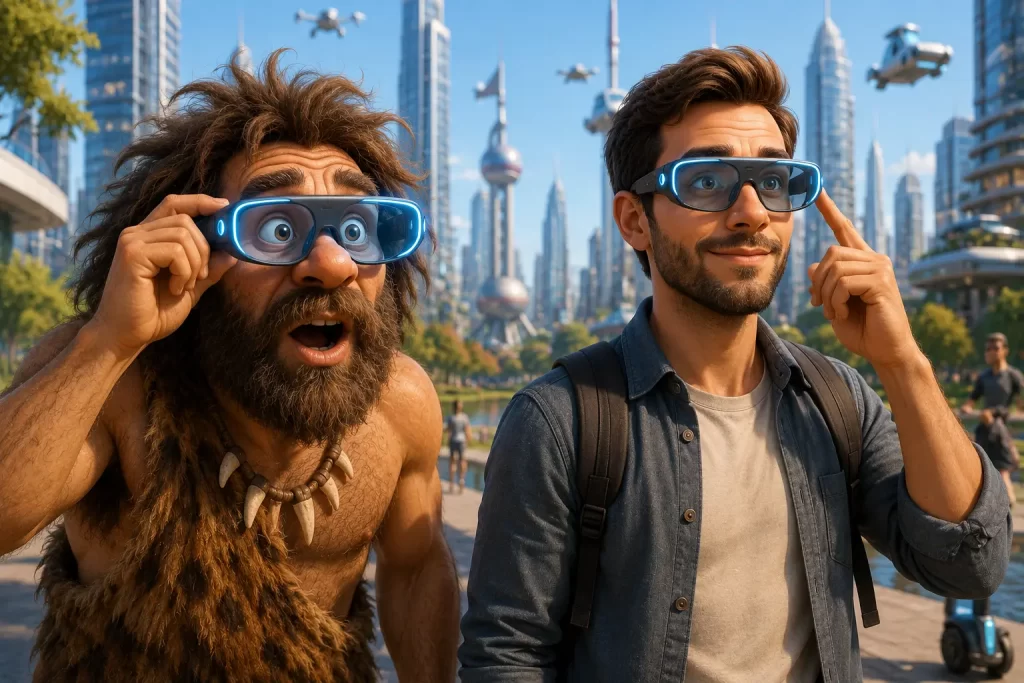 Un uomo della preistoria osserva incuriosito un uomo moderno che utilizza occhiali AI futuristici nel mondo contemporaneo.