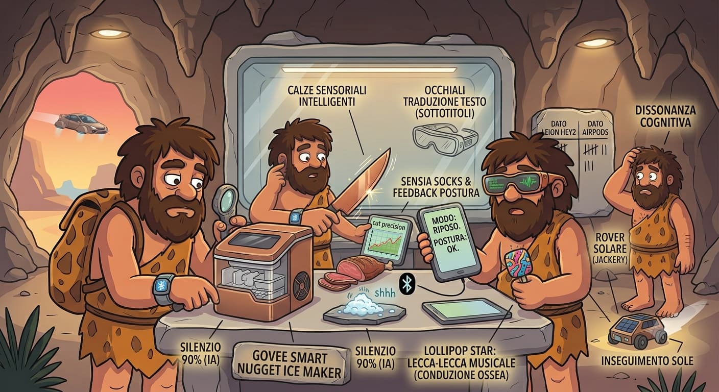 Uomo primitivo cartoon in una caverna mentre usa un coltello vibrante hi-tech per tagliare una roccia, ha un lecca-lecca tecnologico in bocca e sullo sfondo una macchina del ghiaccio intelligente e un piccolo rover solare.