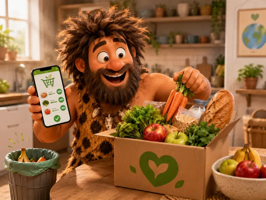 Uomo primitivo apre un box di alimenti recuperati con un'app antispreco e mostra prodotti freschi salvati dallo spreco.