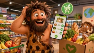 Uomo primitivo in un supermercato moderno usa un'app per trovare alimenti scontati e ridurre lo spreco alimentare.