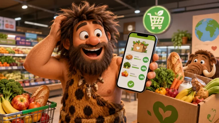 Uomo primitivo in un supermercato moderno usa un'app per trovare alimenti scontati e ridurre lo spreco alimentare.