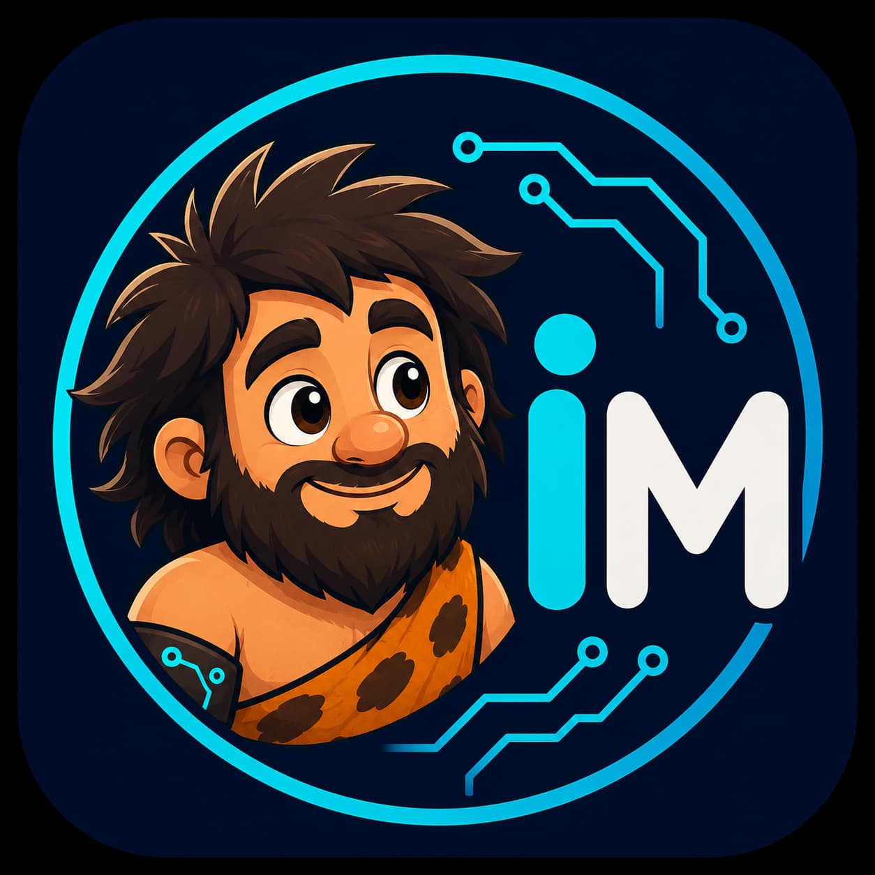 Logo quadrato di InnovativaMENTE con mascotte uomo primitivo, simbolo iM e circuiti digitali
