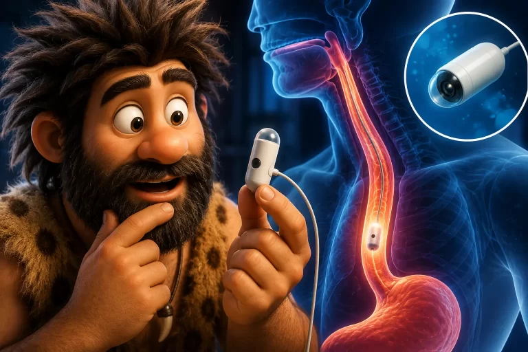 Capsula diagnostica collegata a un filo mentre acquisisce immagini dell’esofago