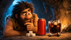 Cavernicolo incuriosito davanti a una lattina rossa anonima, un bicchiere di cola, zollette di zucchero e un bullone arrugginito