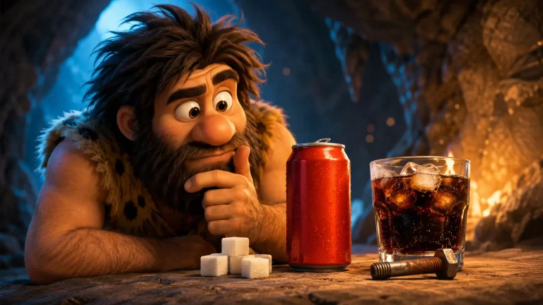 Cavernicolo incuriosito davanti a una lattina rossa anonima, un bicchiere di cola, zollette di zucchero e un bullone arrugginito