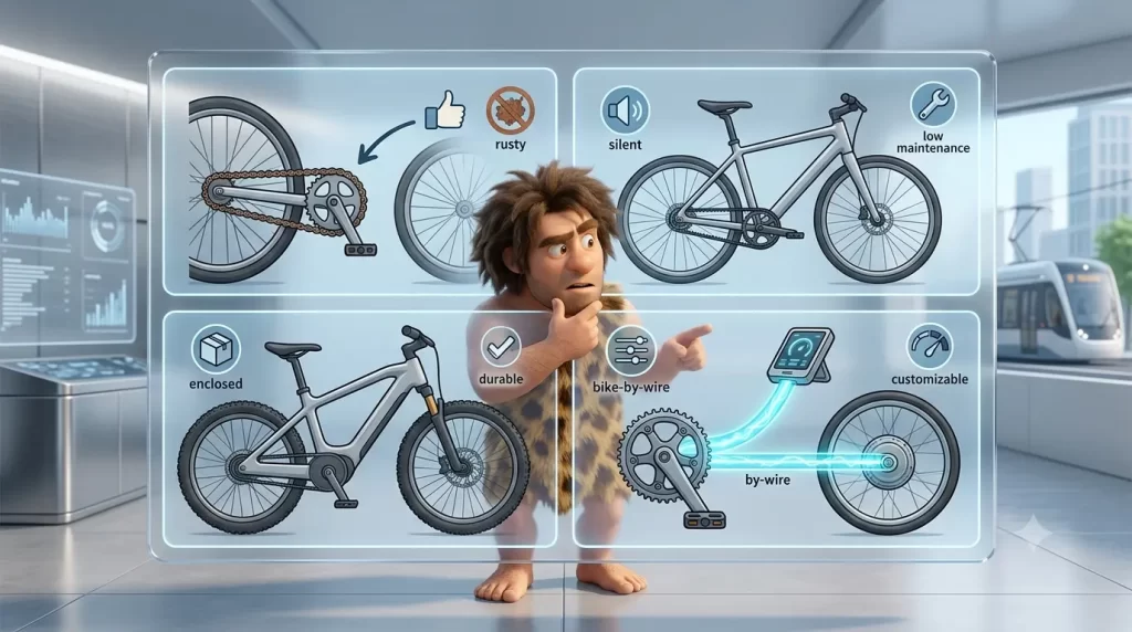 Illustrazione che confronta bici con catena, cinghia, trasmissione ad albero e sistema bike-by-wire