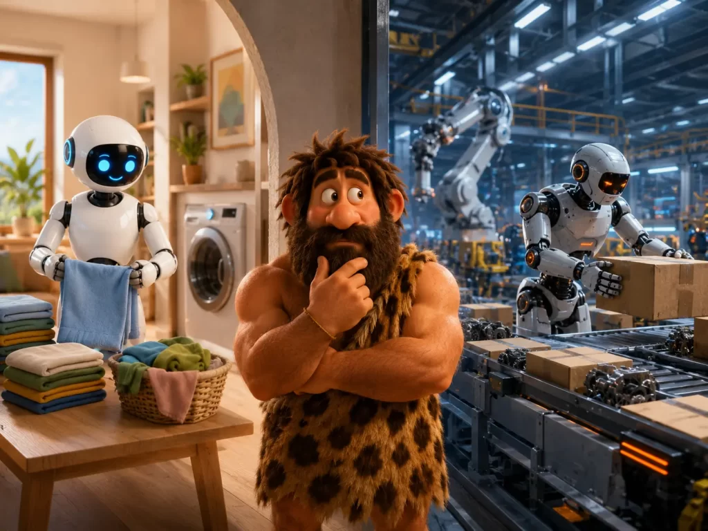 Uomo della preistoria confronta un robot domestico in casa e un robot industriale in fabbrica