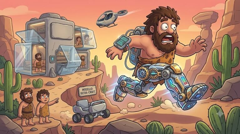 Illustrazione cartoon di un uomo preistorico che indossa un esoscheletro robotico moderno, simbolo dell'innovazione nella mobilità