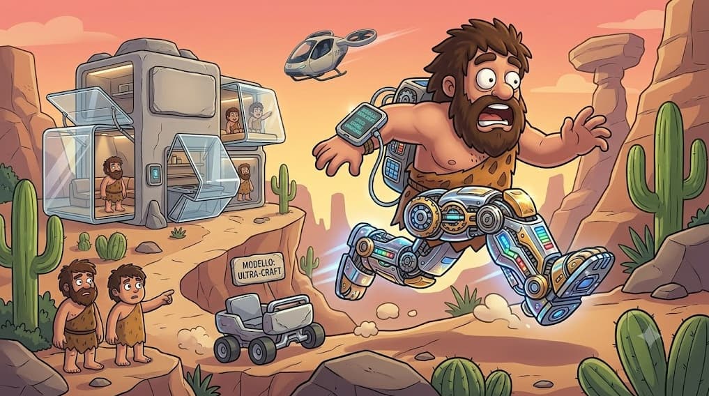 Illustrazione cartoon di un uomo preistorico che indossa un esoscheletro robotico moderno, simbolo dell'innovazione nella mobilità