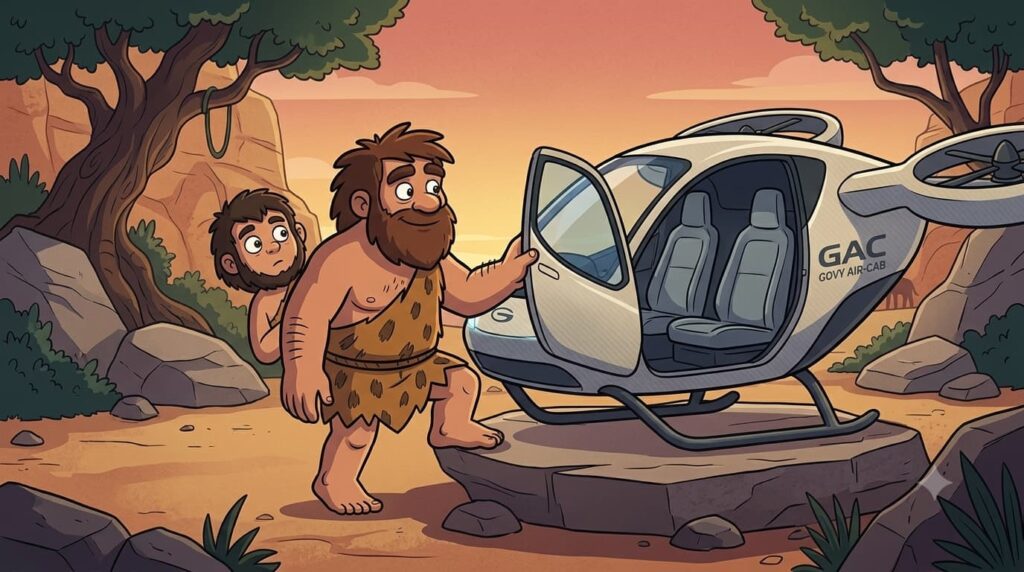 Un cavernicolo in stile cartoon scruta incuriosito l'interno di un moderno taxi volante autonomo GAC Govy Air-Cab atterrato nella preistoria