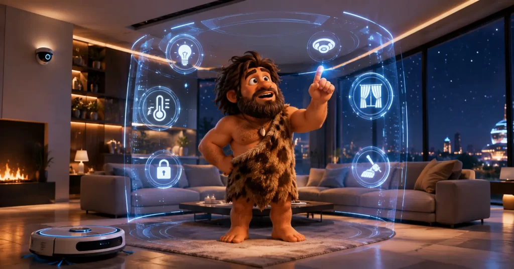 Uomo primitivo osserva un robot domestico che proietta una smart home AI con profili familiari e automazioni personalizzate