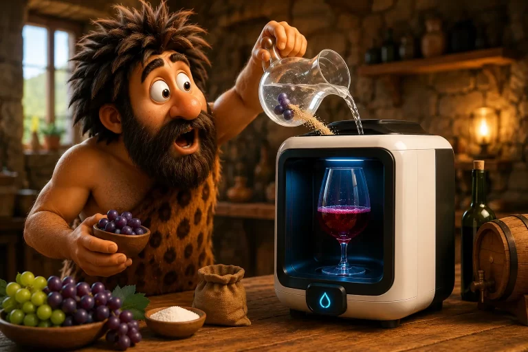 Cavernicolo stupito mentre versa acqua, uva e ingredienti in una macchina futuristica che produce vino