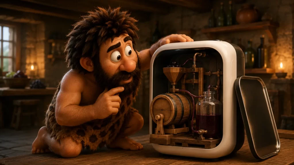 Cavernicolo che osserva l’interno della Miracle Machine aperta, scoprendo un semplice meccanismo artigianale per produrre vino
