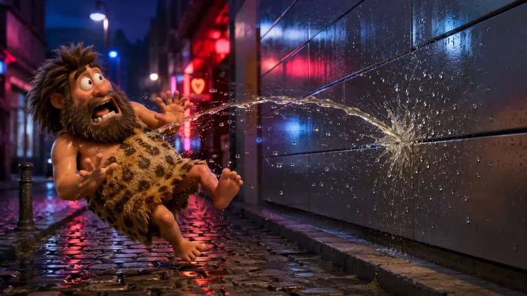 Cavernicolo sorpreso da un getto d’acqua respinto da un muro idrorepellente in una strada notturna di Amburgo