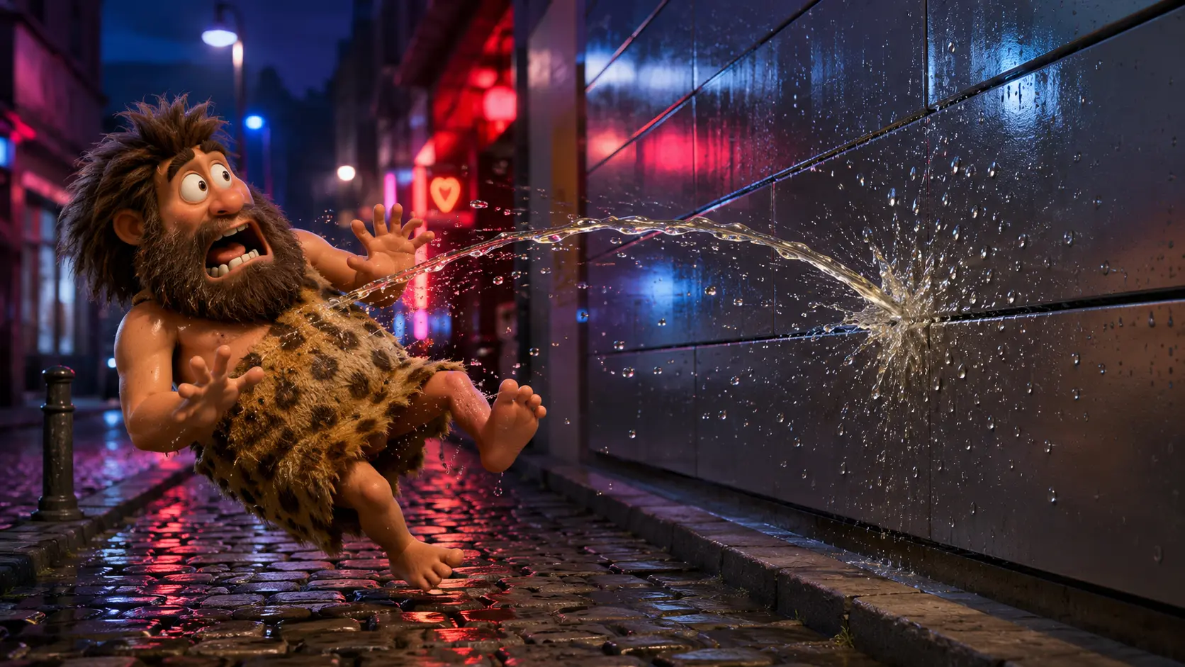 Cavernicolo sorpreso da un getto d’acqua respinto da un muro idrorepellente in una strada notturna di Amburgo