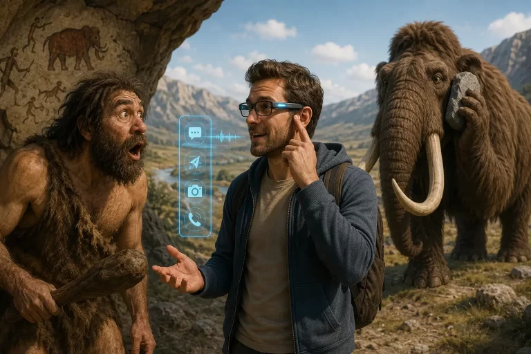 Un cavernicolo osserva stupito un uomo che utilizza occhiali AI al posto dello smartphone mentre un mammut prova a telefonare con una pietra.